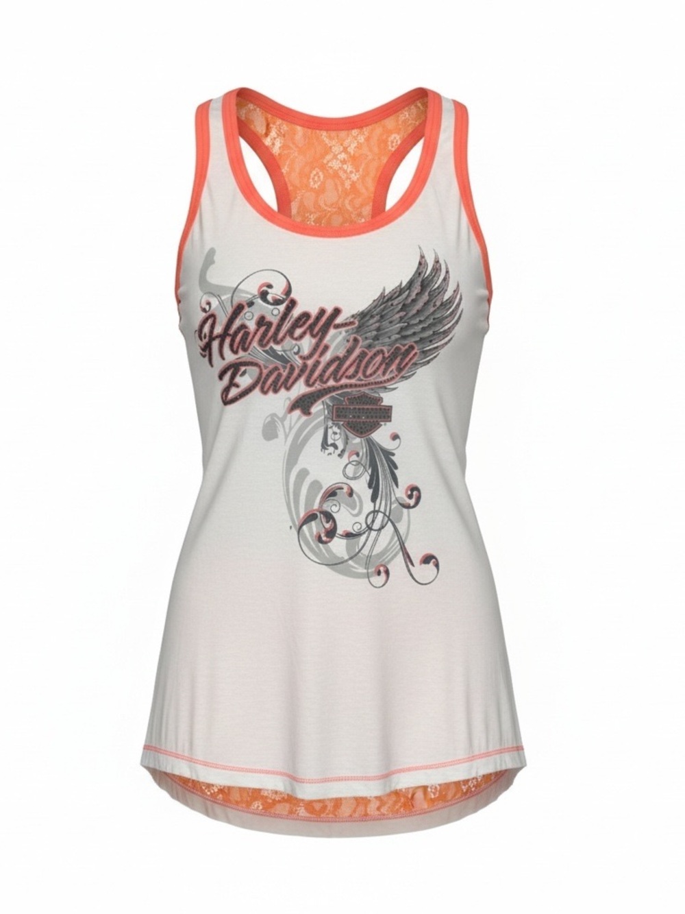 Harley-Davidson White Tank with Coral Trim and Lace Racerback